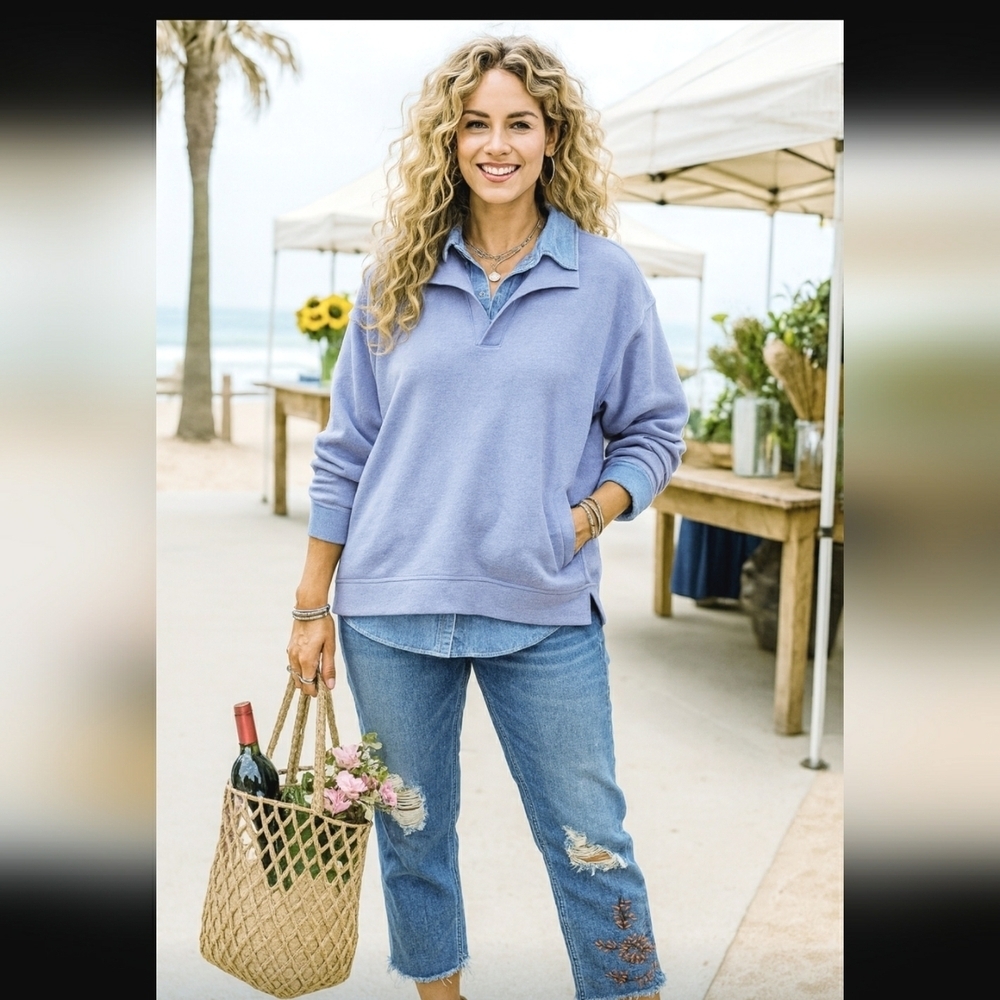 Casual 2X Knit Top Periwinkle Oversized Cotton Minimalist Soft Pullover Pockets